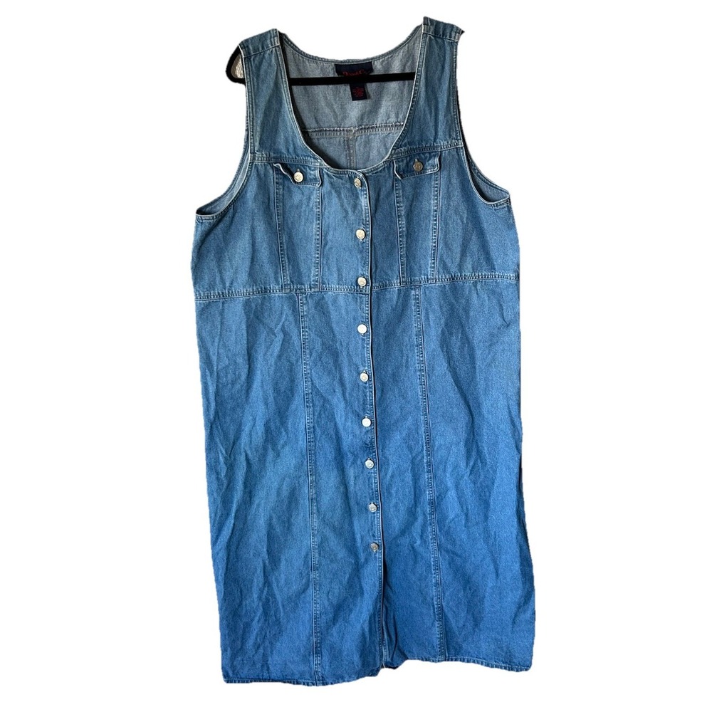 Denim & Co Jumper Dress XL Blue Sleeveless Maxi Button Down Teacher Grandma VTG